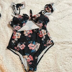 SHEIN Black Floral One Piece Swimsuit